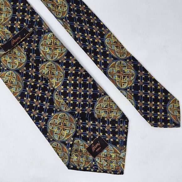 BRIONI SILK TIE BLACK BLUE GOLD NORDIC GEOMETRIC CIRCLES STRIPE 4" X 59" - Picture 2 of 4